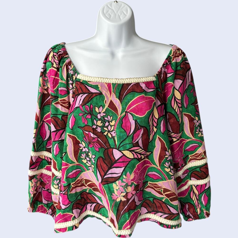 Cynthia Rowley L Boho Peasant Top Green Tropical Floral Linen 3/4 Sleeve